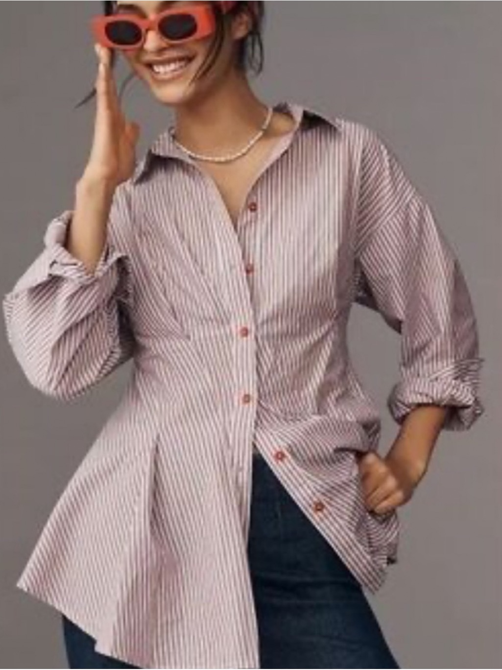 Maeve Striped Button-Down Peplum Shirt - Pink/White